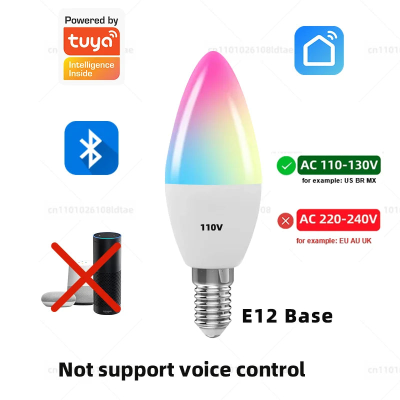 Tuya Candle Lamps APP Control Smart Bulb Bluetooth RGB 220V 110V LED Light Dimmable Smart Life Room Home Group Crystal Lamps