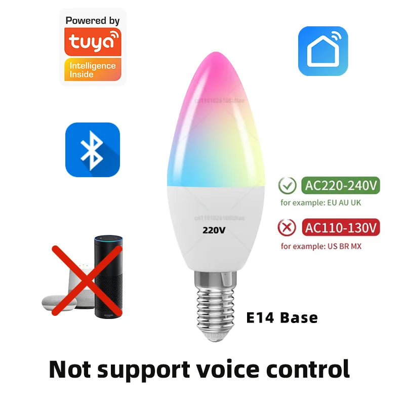 Tuya Candle Lamps APP Control Smart Bulb Bluetooth RGB 220V 110V LED Light Dimmable Smart Life Room Home Group Crystal Lamps