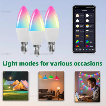 Tuya Candle Lamps APP Control Smart Bulb Bluetooth RGB 220V 110V LED Light Dimmable Smart Life Room Home Group Crystal Lamps